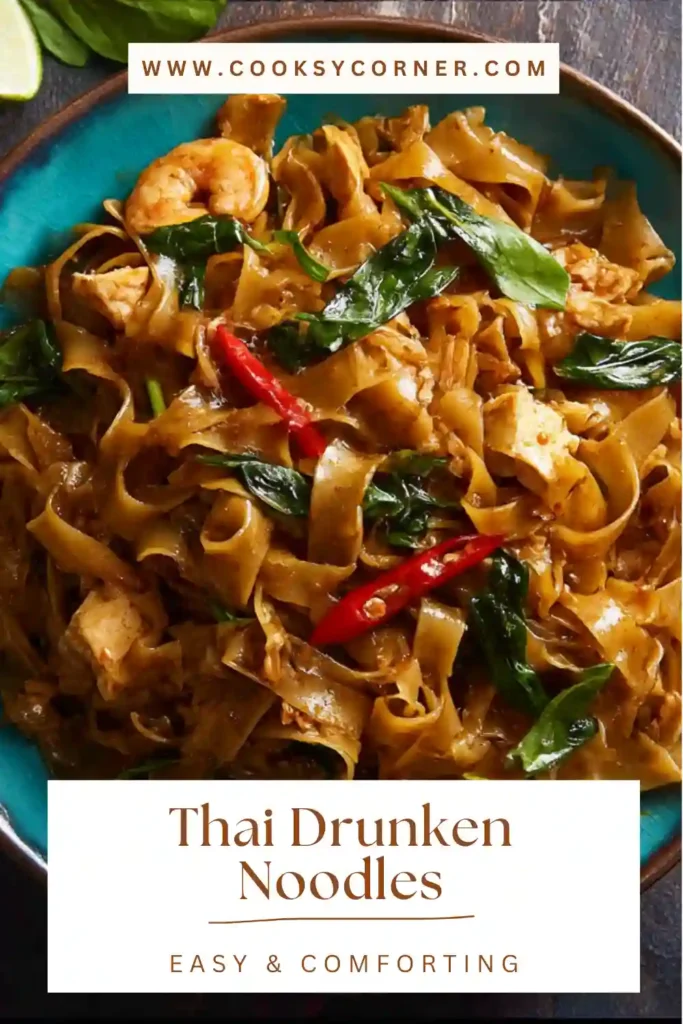 Close-up of Thai Drunken Noodles featuring tender chicken, rice noodles, and fresh basil leaves. A classic Pad Kee Mao recipe prepared in a wok.