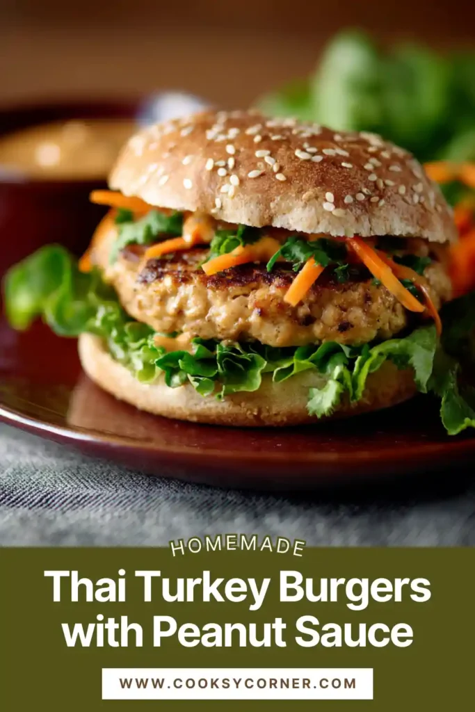 Juicy turkey burger with creamy peanut sauce and fresh greens.