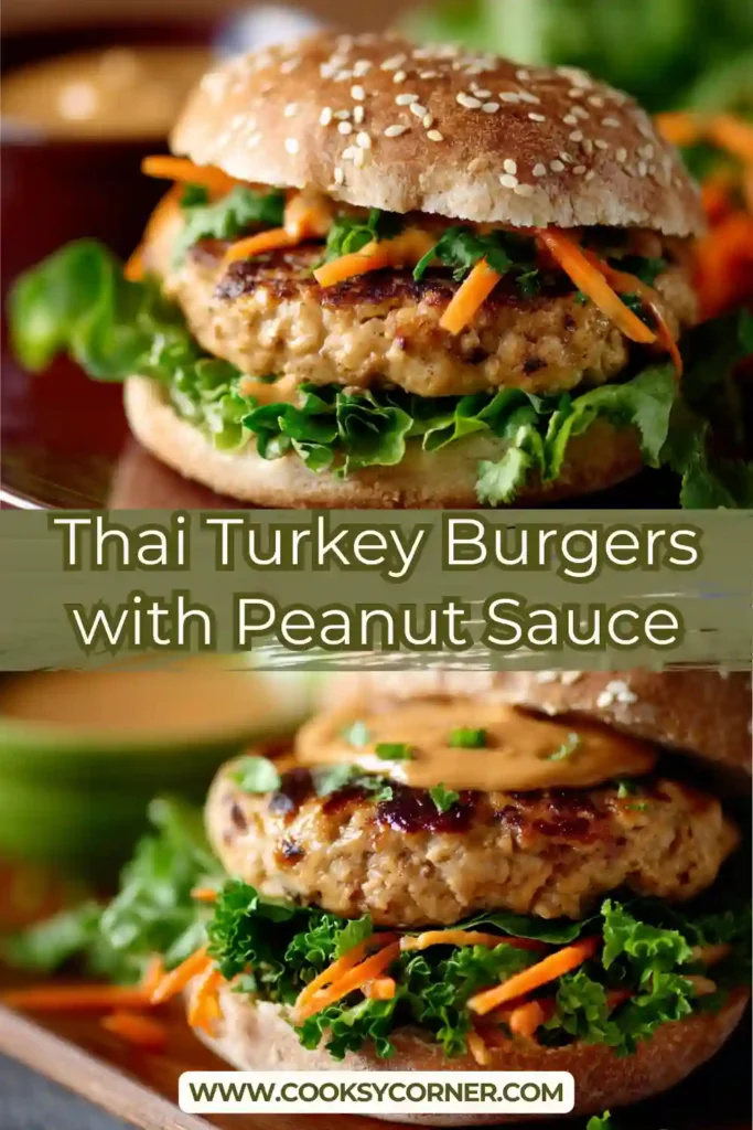 Thai Turkey Burgers with Peanut Sauce topped with spinach on toasted buns.
