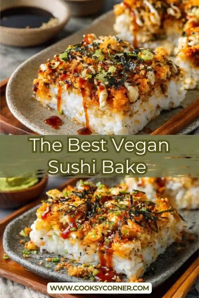 Baked vegan sushi casserole with avocado and cucumber.