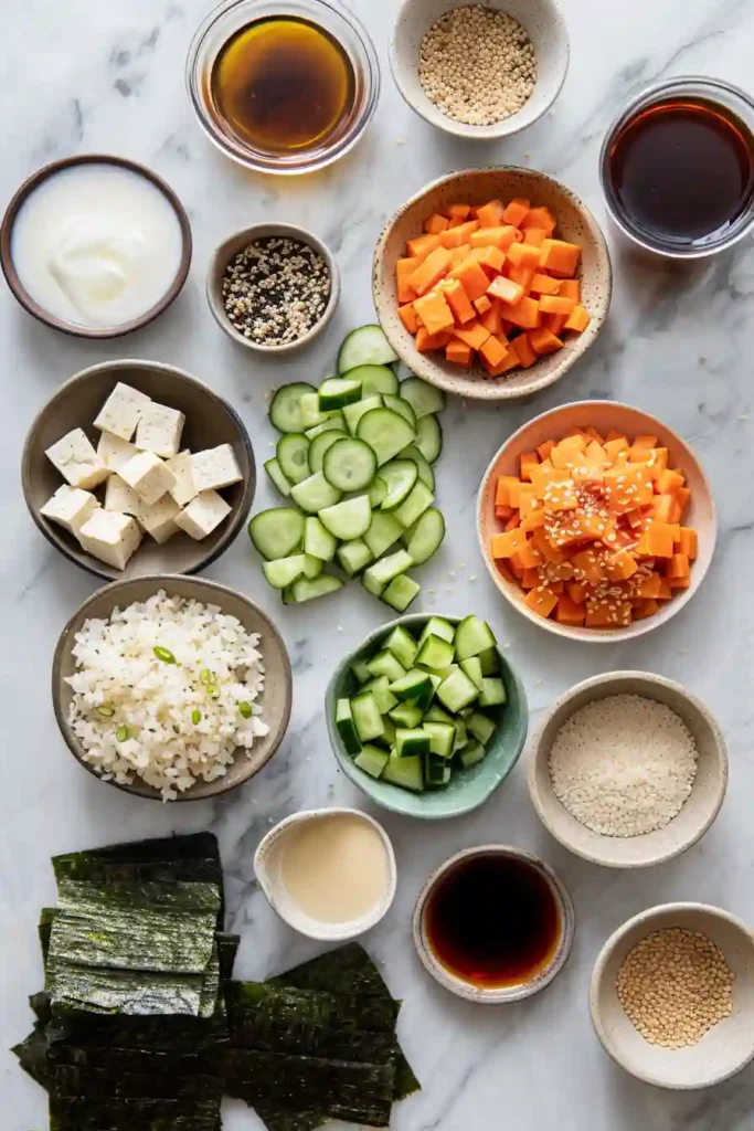 Easy vegan sushi bake fresh from the oven.