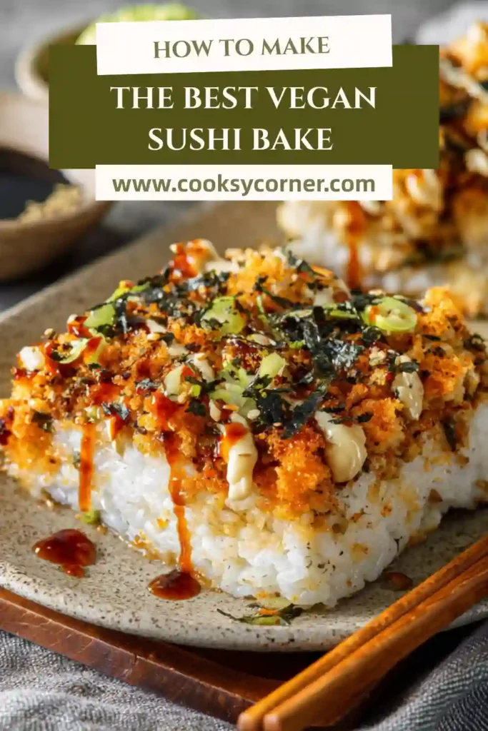 Vegan sushi bake layered with tofu, sweet potatoes, and creamy sauces.