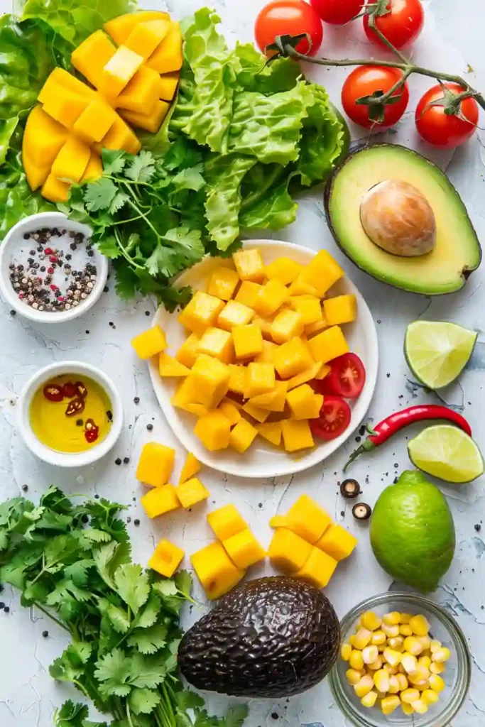 Fresh mango corn salad served in a white bowl with visible lime juice and olive oil drizzle. Light and colorful tropical salad.