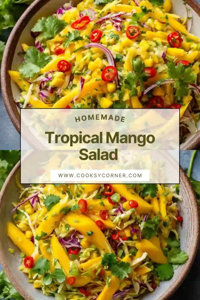 Tropical Mango Salad in a large bowl with diced mango, avocado, sweet corn, cherry tomatoes, and fresh cilantro. Bright and colorful summer salad.