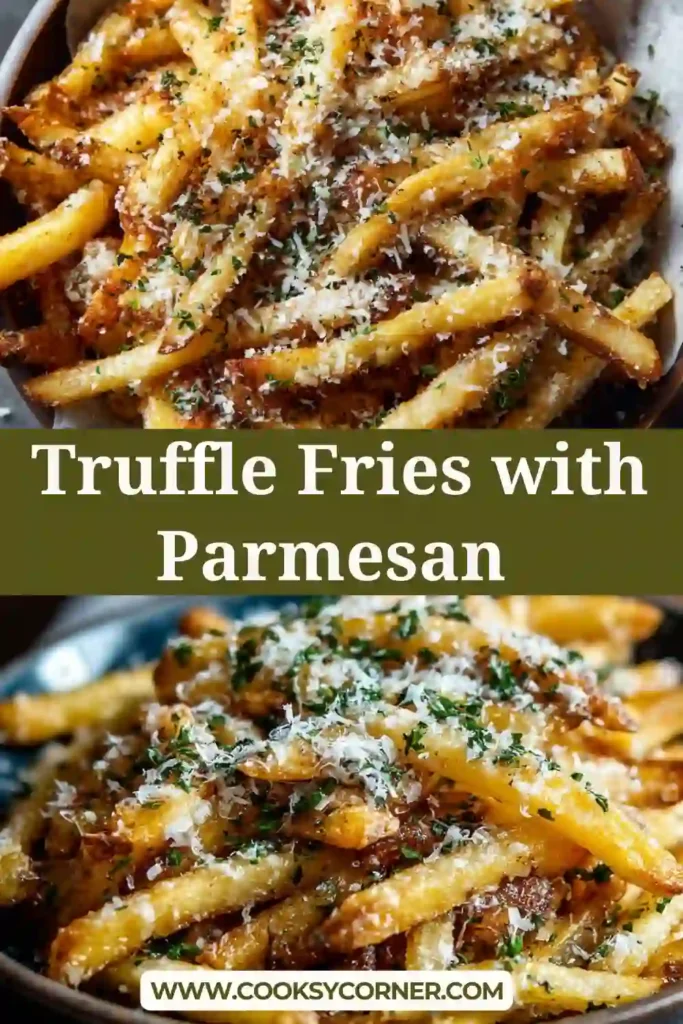 Crispy Truffle Fries with Parmesan served in a bowl, topped with grated cheese and fresh parsley. Golden brown fries with visible seasoning and truffle oil drizzle.