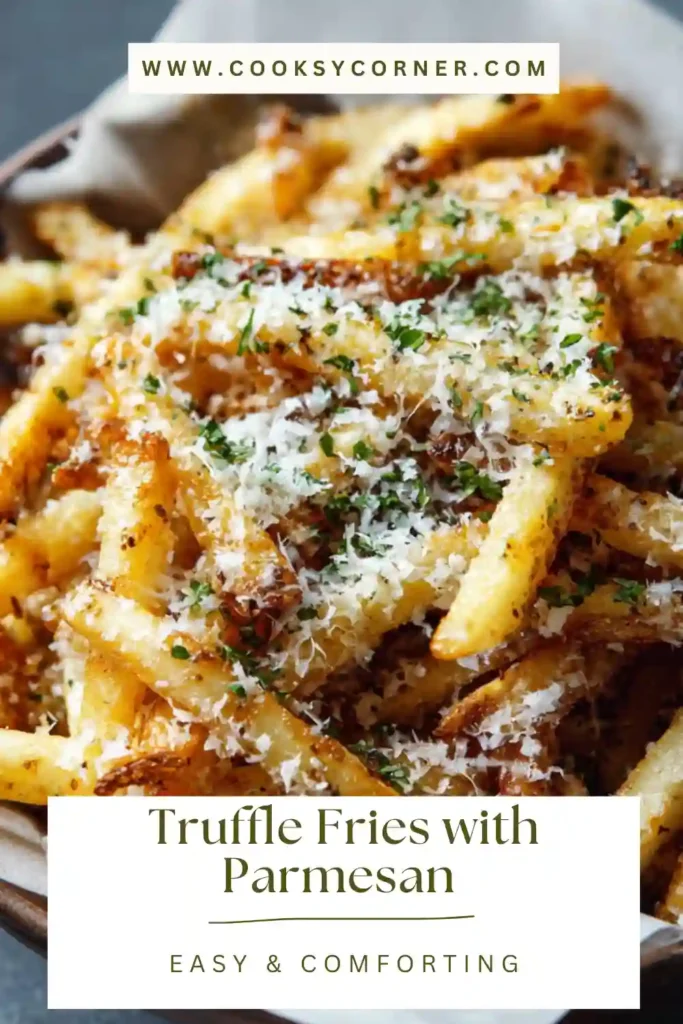Close-up of homemade truffle fries with parmesan cheese melting over hot, crispy potatoes. Rustic presentation on a wooden table.