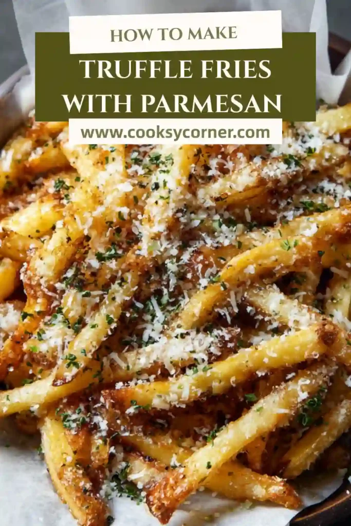 Oven baked truffle fries with parmesan sprinkled on top, showing crisp edges and fluffy centers. Gourmet side dish ready to serve.