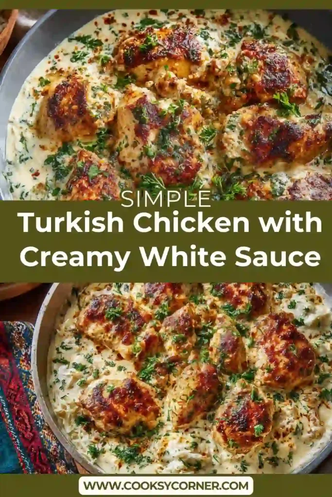 Skillet of Turkish Chicken with Creamy White Sauce simmering with garlic and onion.