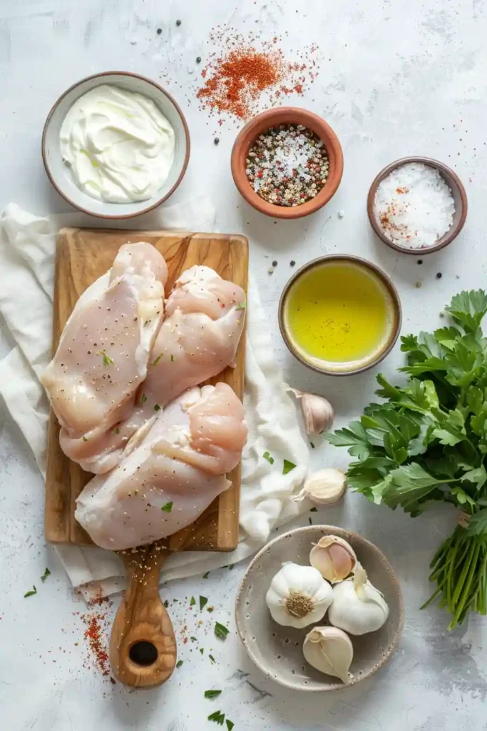 Plated Turkish creamy chicken served over rice with parsley garnish.