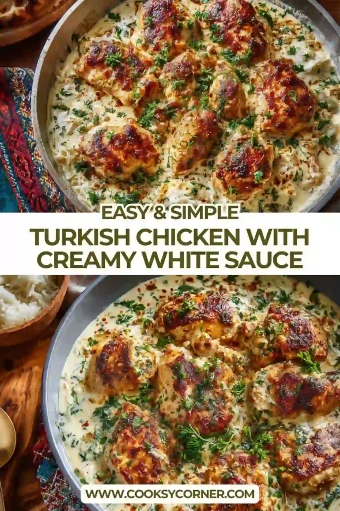 Close-up of chicken breast in creamy white sauce with visible herbs and spices.