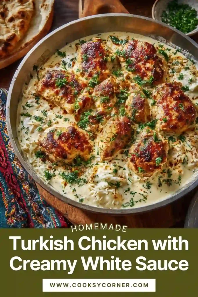 Turkish Chicken with Creamy White Sauce served in a skillet garnished with fresh parsley and rich cream sauce.