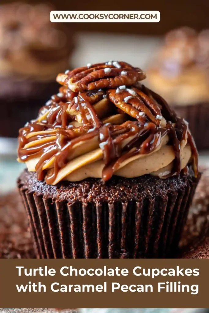 Close-up of chocolate caramel cupcake with glossy ganache and toasted pecans.