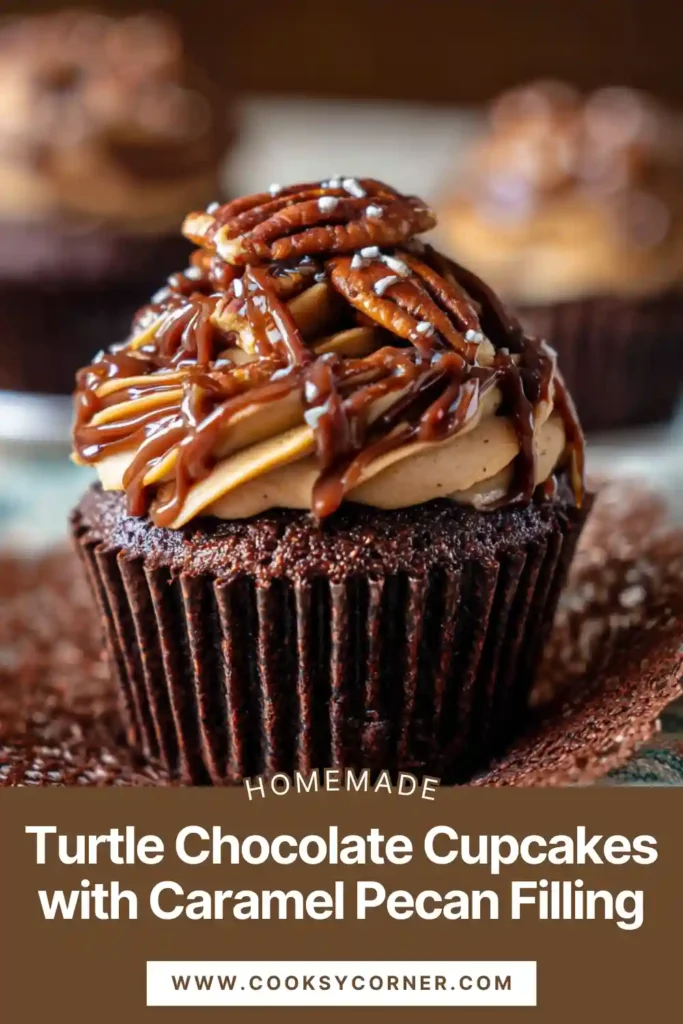 Moist chocolate cupcake filled with caramel pecan center and topped with cream cheese frosting and chopped pecans.