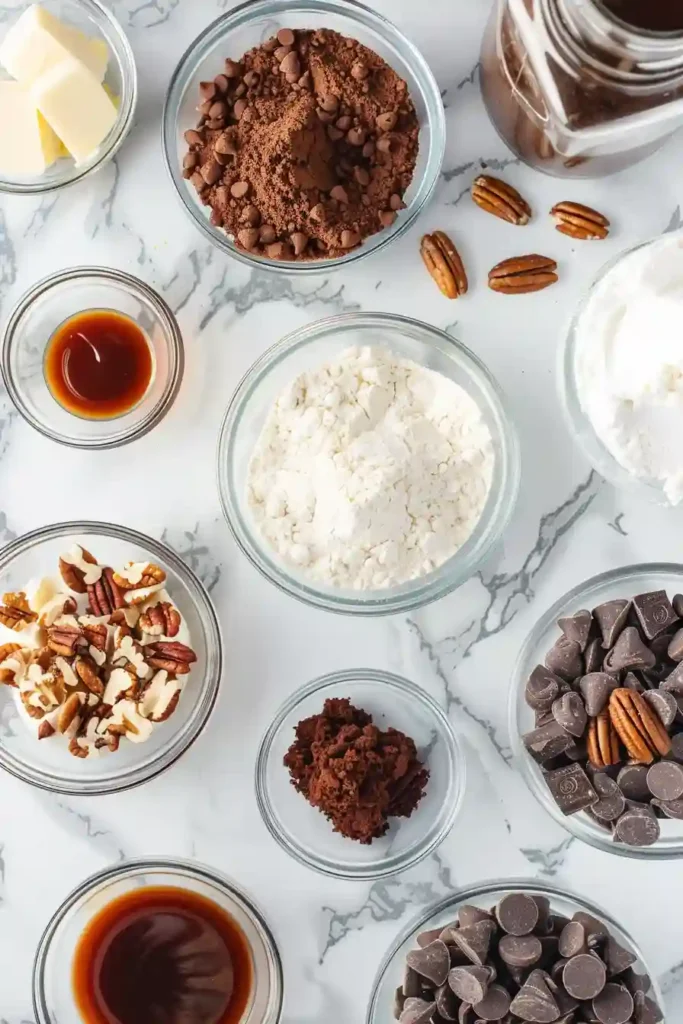 Homemade turtle chocolate cupcakes arranged on a cooling rack with caramel drizzle and pecan garnish.