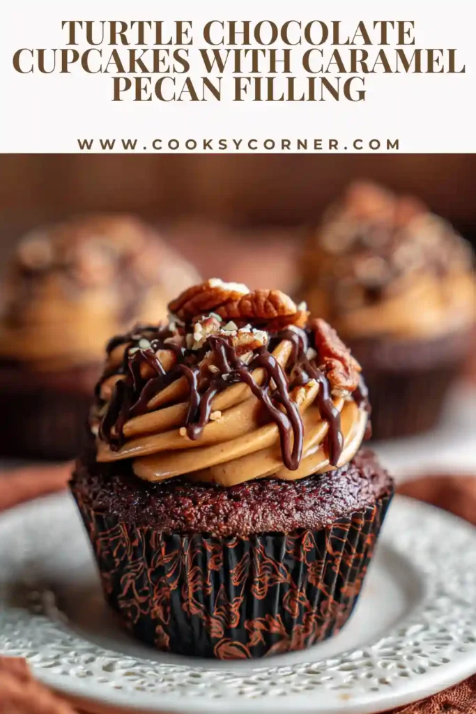 Turtle Chocolate Cupcakes topped with salted caramel frosting, ganache drizzle, and pecan halves on a dessert table.