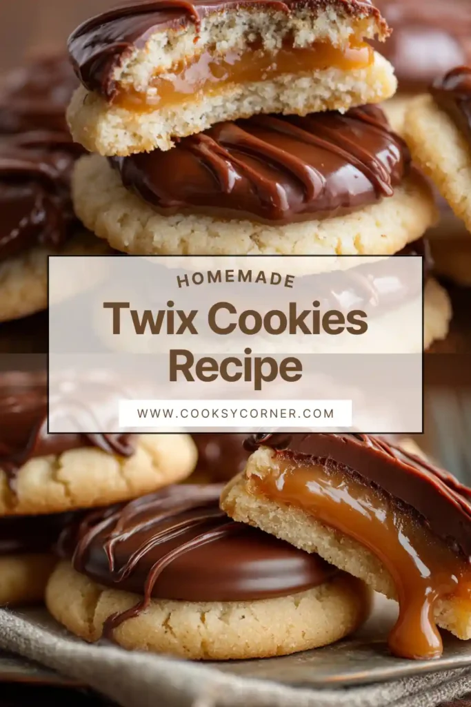 Close-up of homemade Twix Cookies showing buttery cookie base, gooey caramel layer, and thick chocolate topping.