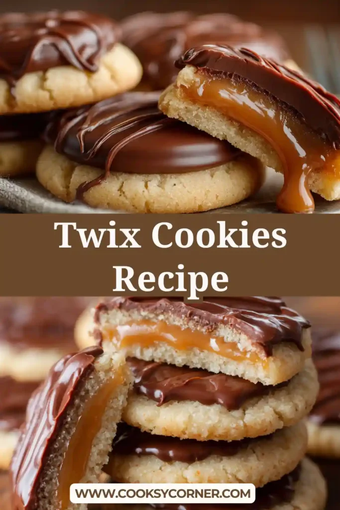 Twix Cookies topped with smooth caramel and melted milk chocolate on a cooling rack. The layered caramel chocolate cookies have a glossy finish.