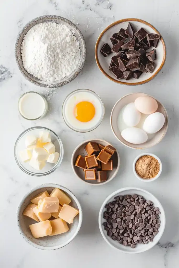 Overhead shot of chocolate caramel Twix Cookies with shiny milk chocolate topping set perfectly.
