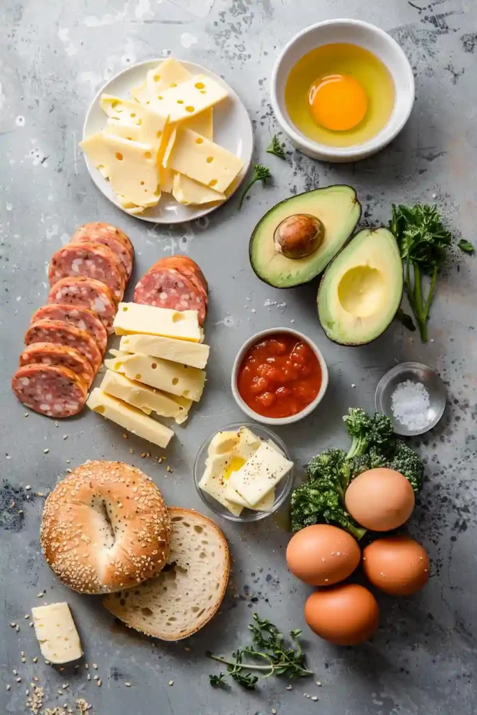 Ultimate bagel breakfast sandwich with eggs, melted cheese, chicken sausage, and avocado on an everything bagel.