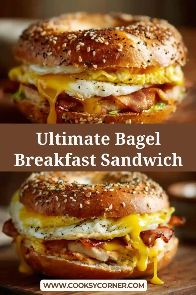 Toasted bagel sandwich filled with eggs, cheese, and chicken sausage for breakfast.