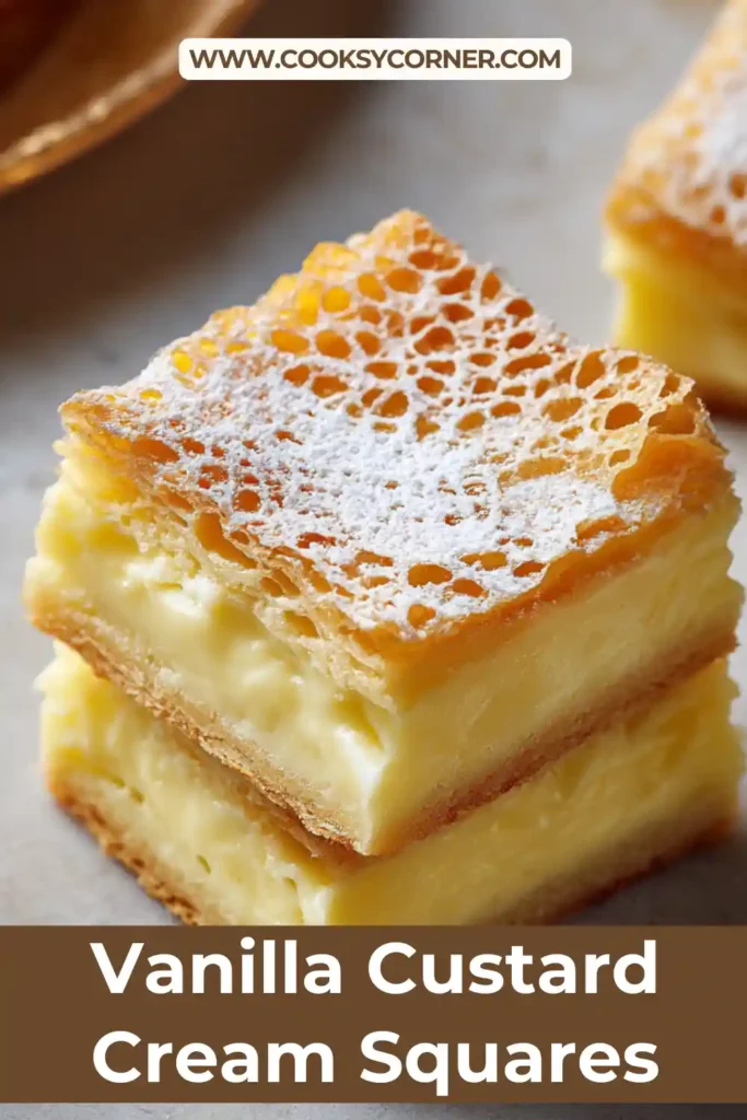 Puff pastry custard squares arranged on a serving plate with powdered sugar topping.