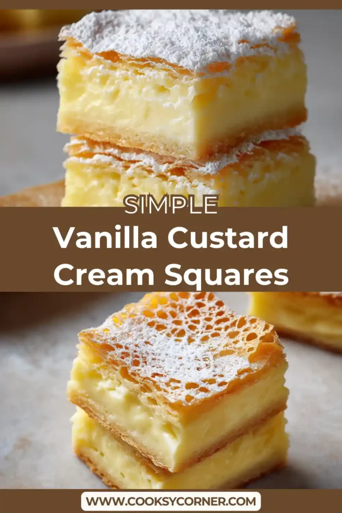 Close-up of custard cream slice showing creamy vanilla filling between crisp pastry layers.