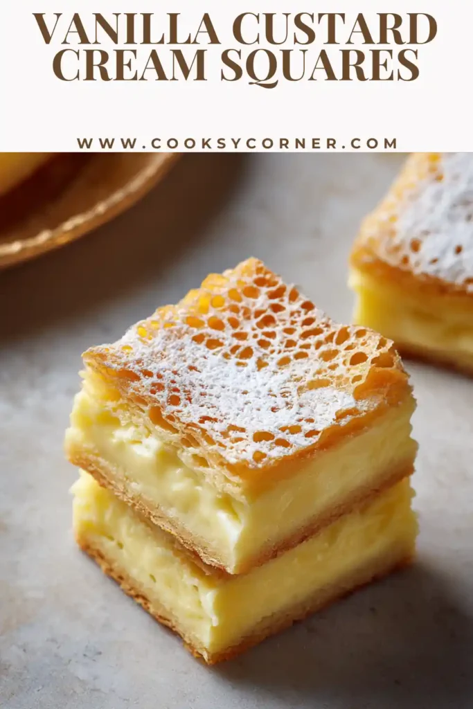Vanilla Custard Cream Squares layered with flaky puff pastry and smooth custard filling dusted with powdered sugar.