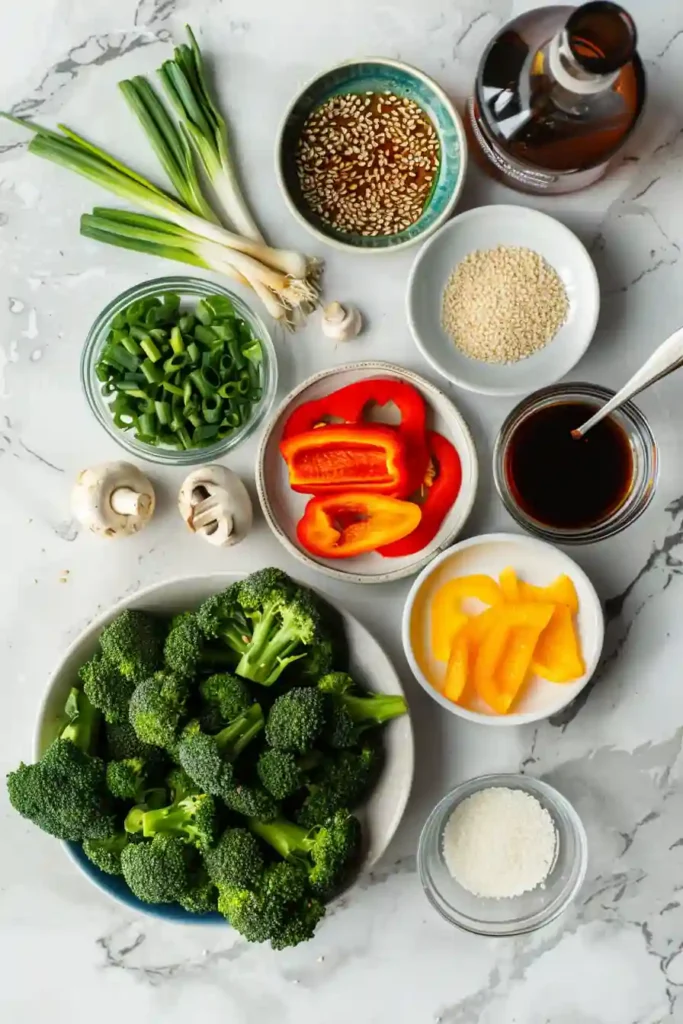 Sesame broccoli mushroom stir fry in a pan.