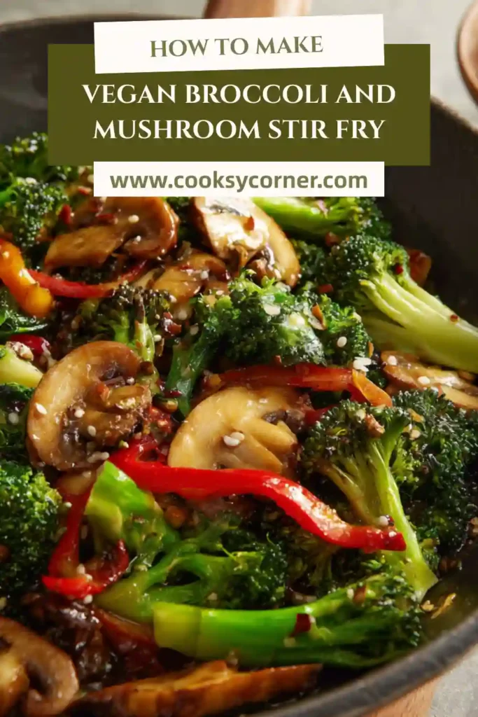 Vegan broccoli and mushroom stir fry cooked in a sesame soy sauce.