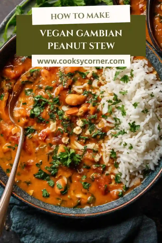 Vegan Gambian Peanut Stew served in a bowl with sweet potatoes and kale in creamy peanut sauce.