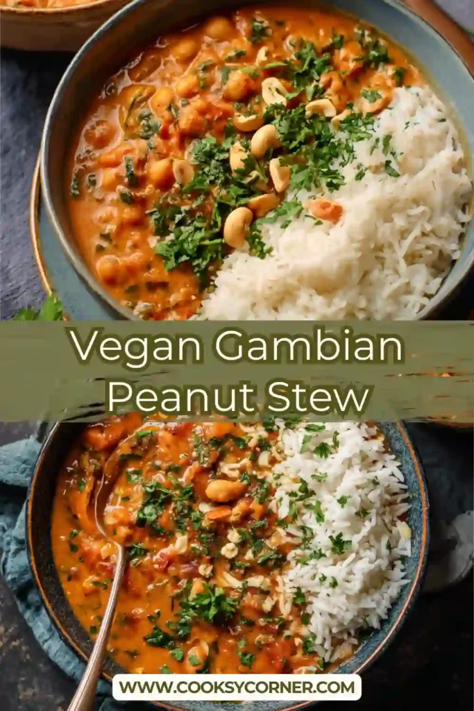 Sweet potato peanut stew simmered in a Dutch oven with vibrant red sauce.