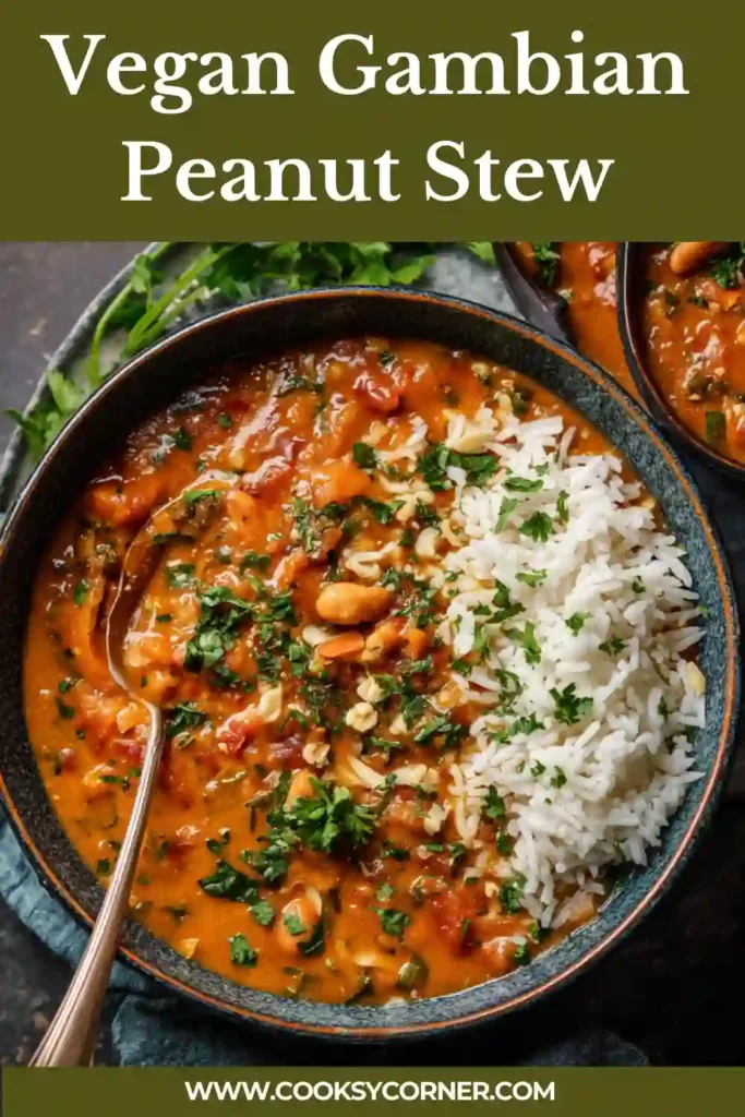 African peanut stew with rich tomato base, white beans, and chopped cilantro garnish.