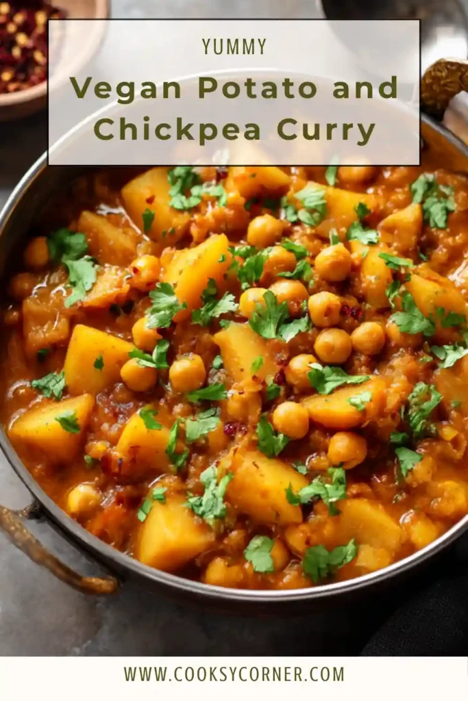 Bowl of vegan chickpea potato curry with rich tomato sauce.