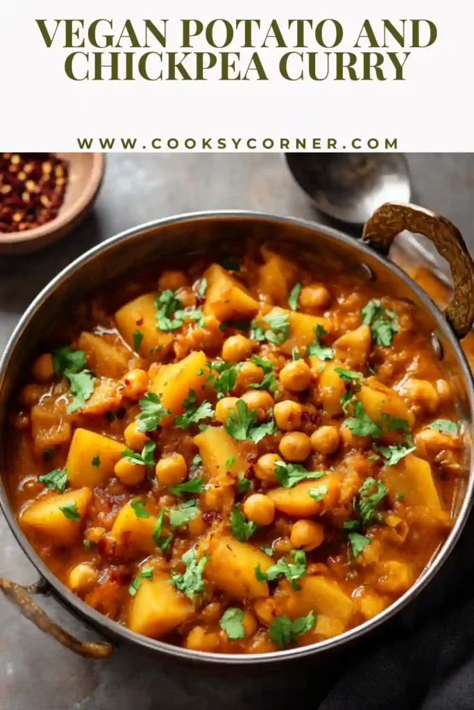 Vegan potato and chickpea curry served with fresh coriander.