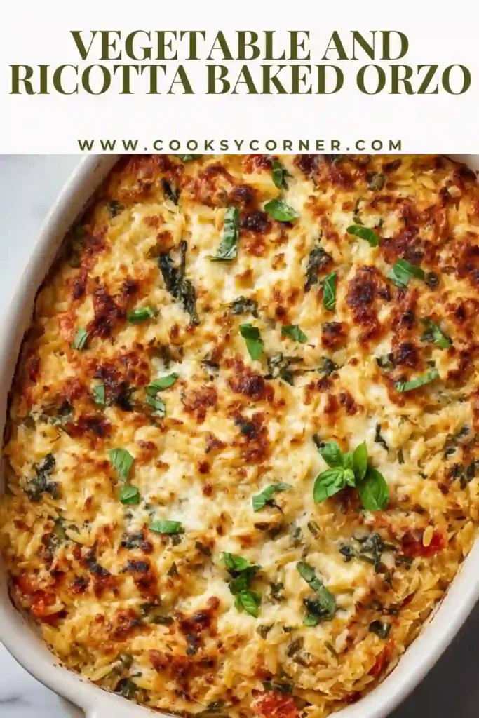 Vegetarian orzo bake topped with golden melted cheese.