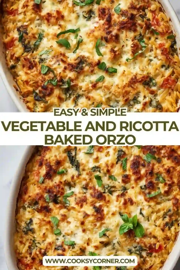 Vegetable and Ricotta Baked Orzo in a casserole dish with melted mozzarella.