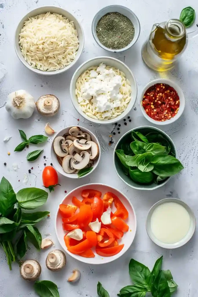 Mediterranean-style baked orzo with spinach and tomatoes.