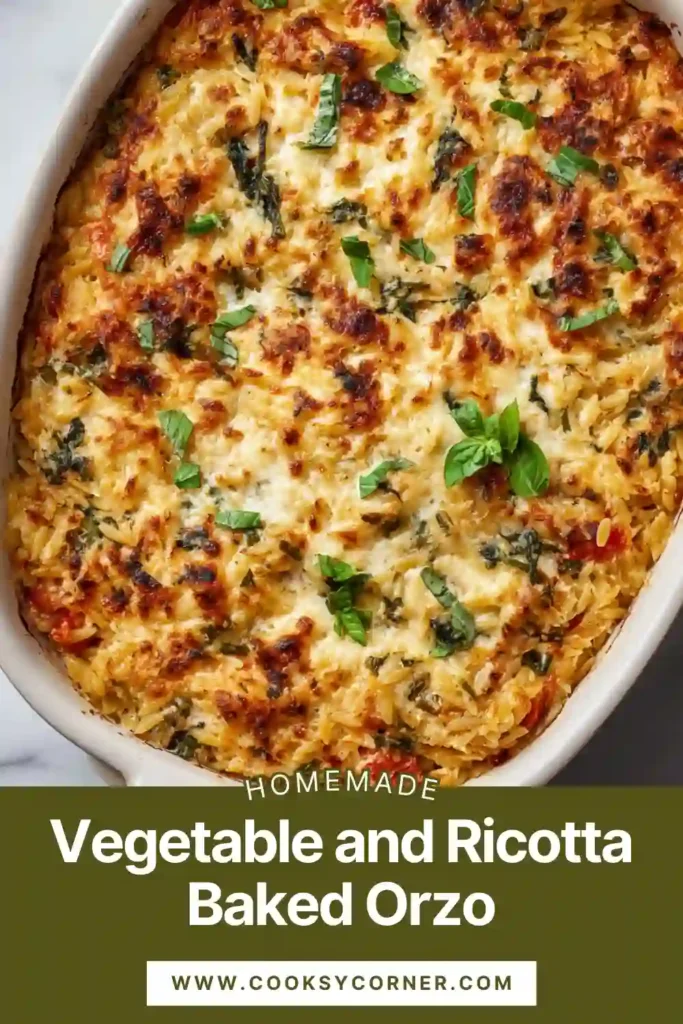 Vegetable and Ricotta Baked Orzo in a casserole dish with melted mozzarella.