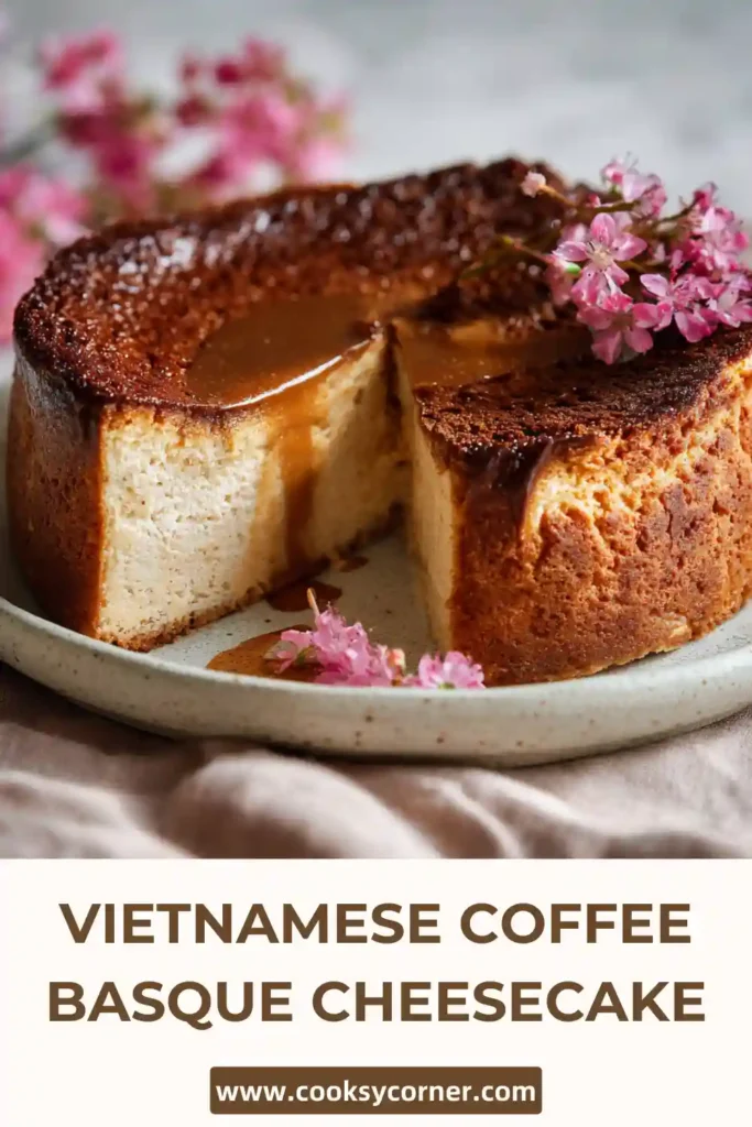 Slice of coffee basque cheesecake showing smooth creamy texture.