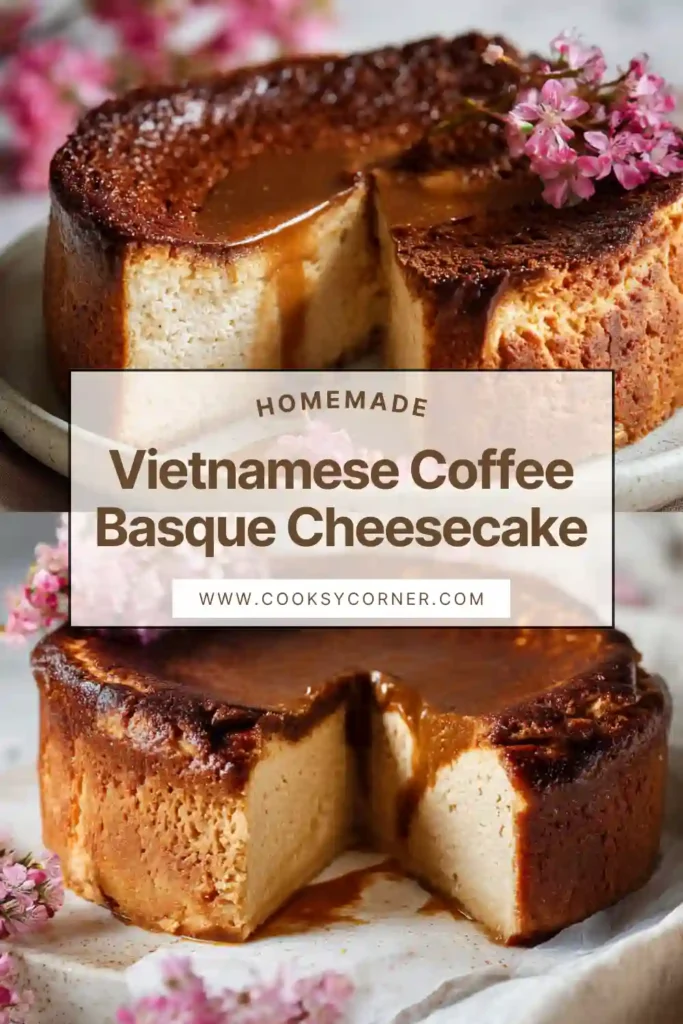 Close-up of burnt basque cheesecake infused with espresso and condensed milk.