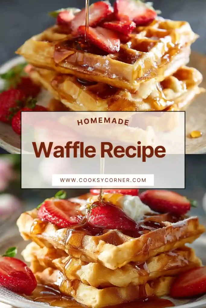 Homemade waffles cooked until golden brown and served warm for breakfast. The waffles look fluffy with crisp edges.