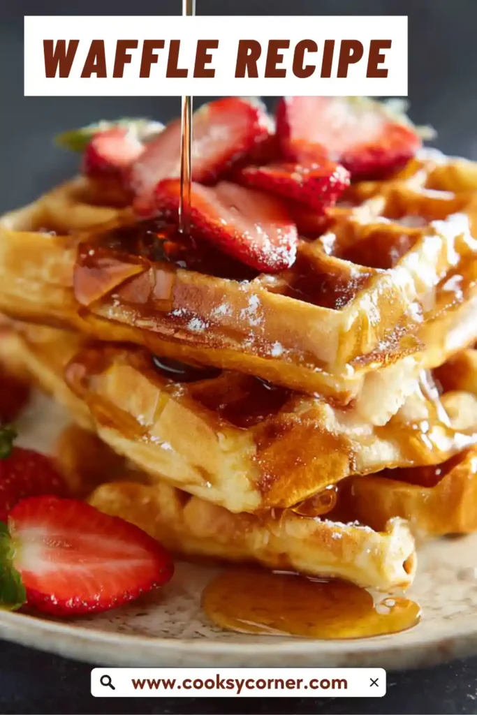 Classic waffle recipe waffles stacked on a plate with butter melting on top. A comforting homemade breakfast.