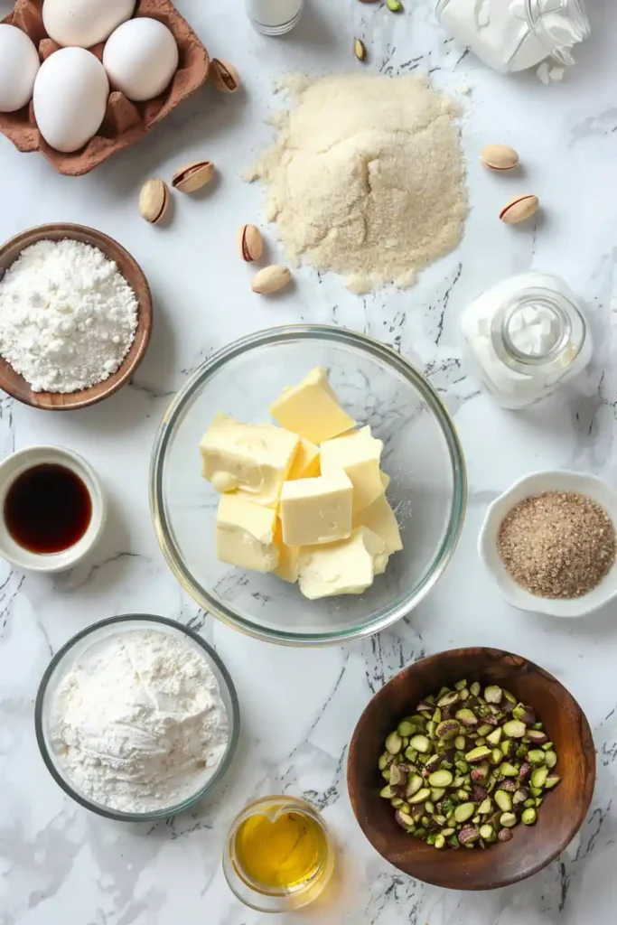 Close-up of blondies filled with white chocolate chips and pistachios.