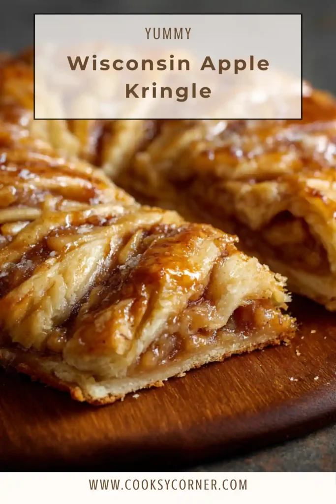 Flaky apple kringle pastry sliced to show layered dough and filling.