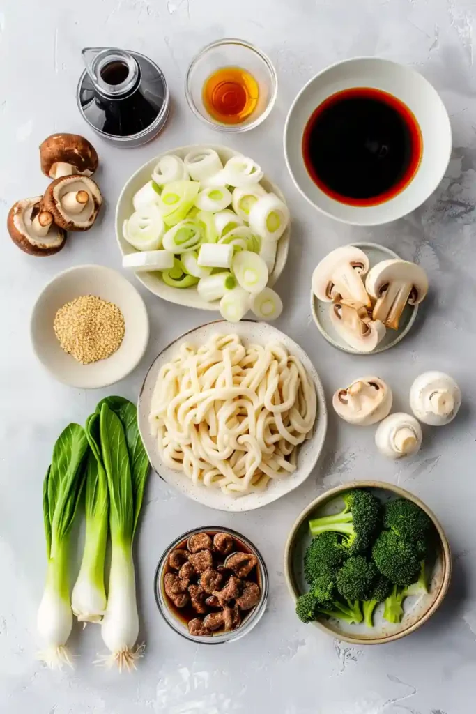 Savory yaki udon noodle stir fry ready to serve.