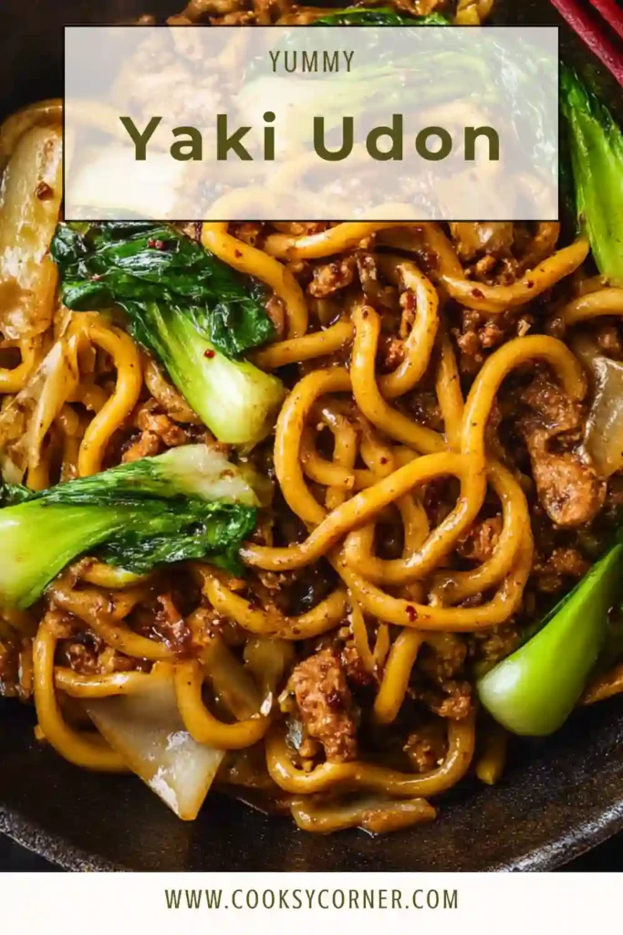 Japanese-style stir fried udon noodles served hot with scallions.