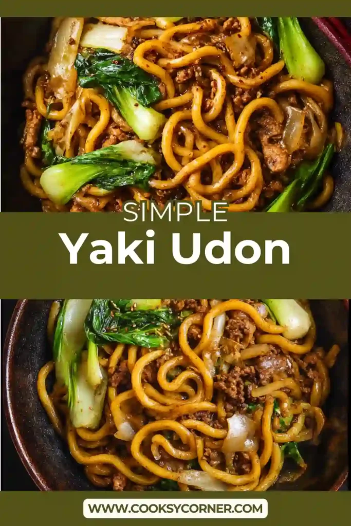 Yaki udon stir fried noodles with beef, vegetables, and savory sauce in a pan.