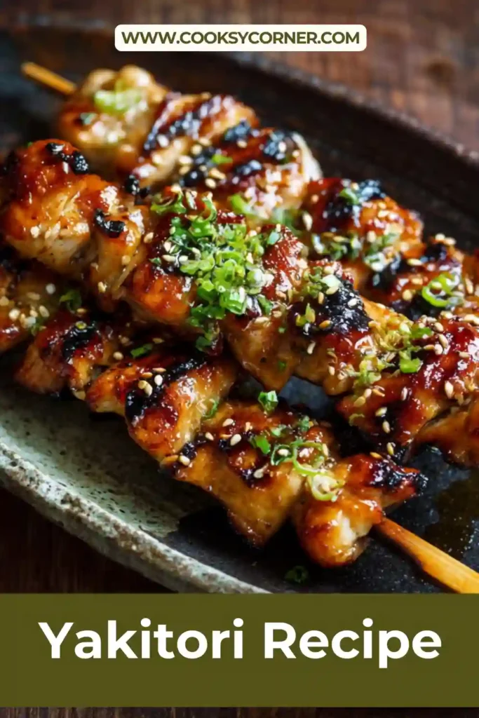 Broiled yakitori skewers arranged on plate with green onions.