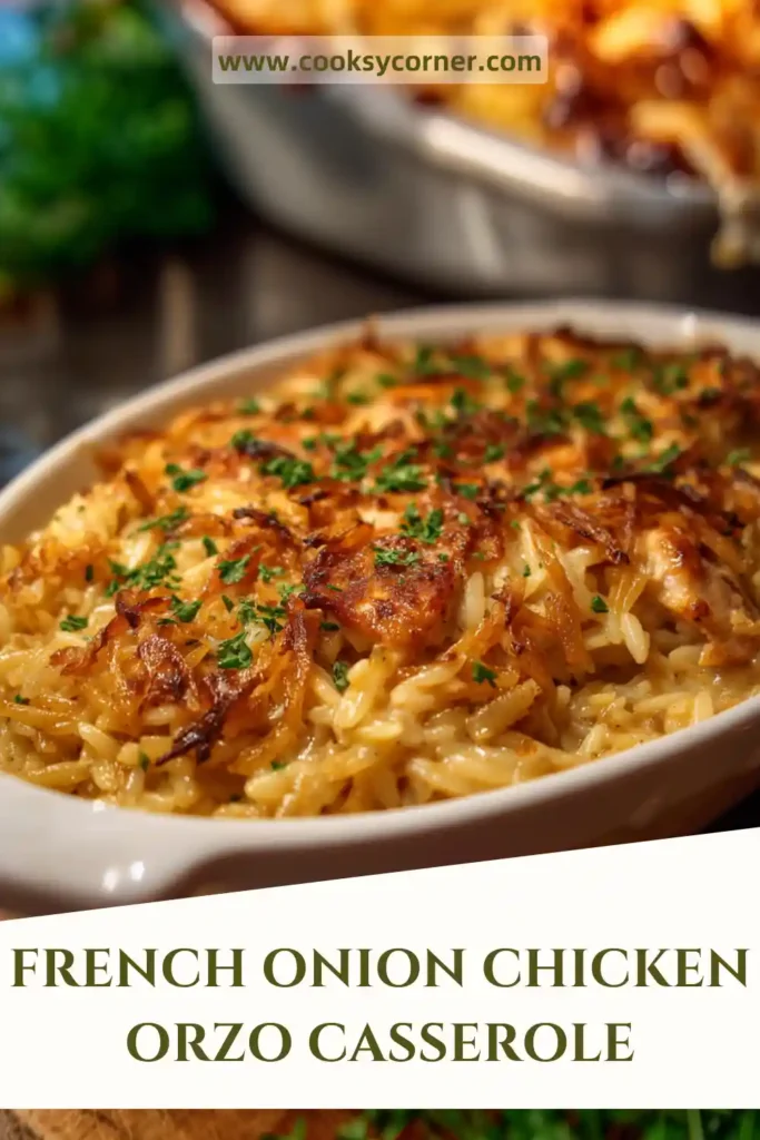 Creamy French onion chicken orzo casserole baked until golden with caramelized onions, tender chicken, and gooey cheese. A rich and cozy one-pan dinner recipe.