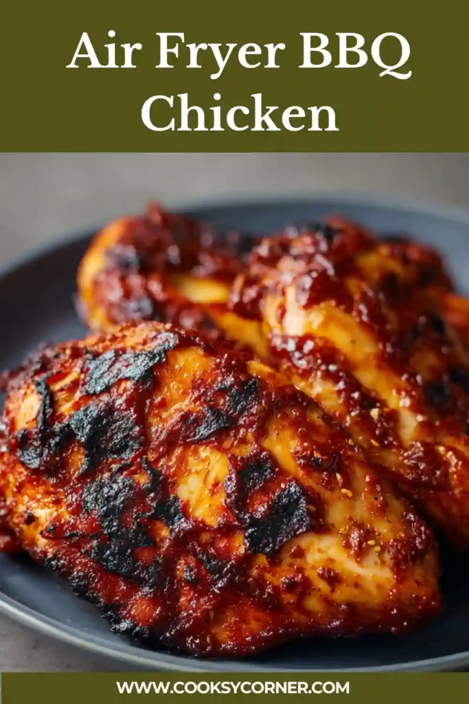 Juicy BBQ chicken breasts cooked in the air fryer with homemade sauce.